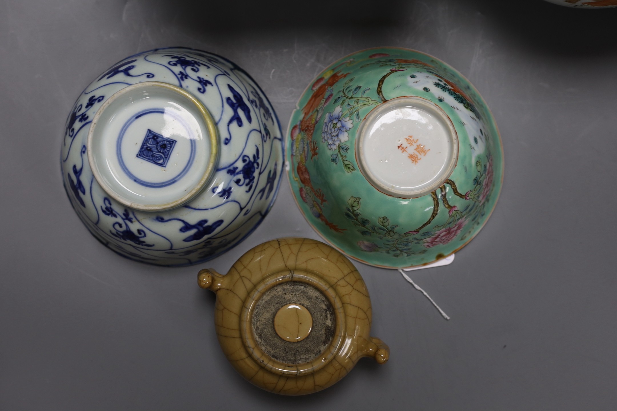 A 19th century Chinese famille rose planter, a jar and cover, two bowls and a crackle ware censer and wood cover, plater 16 cms high